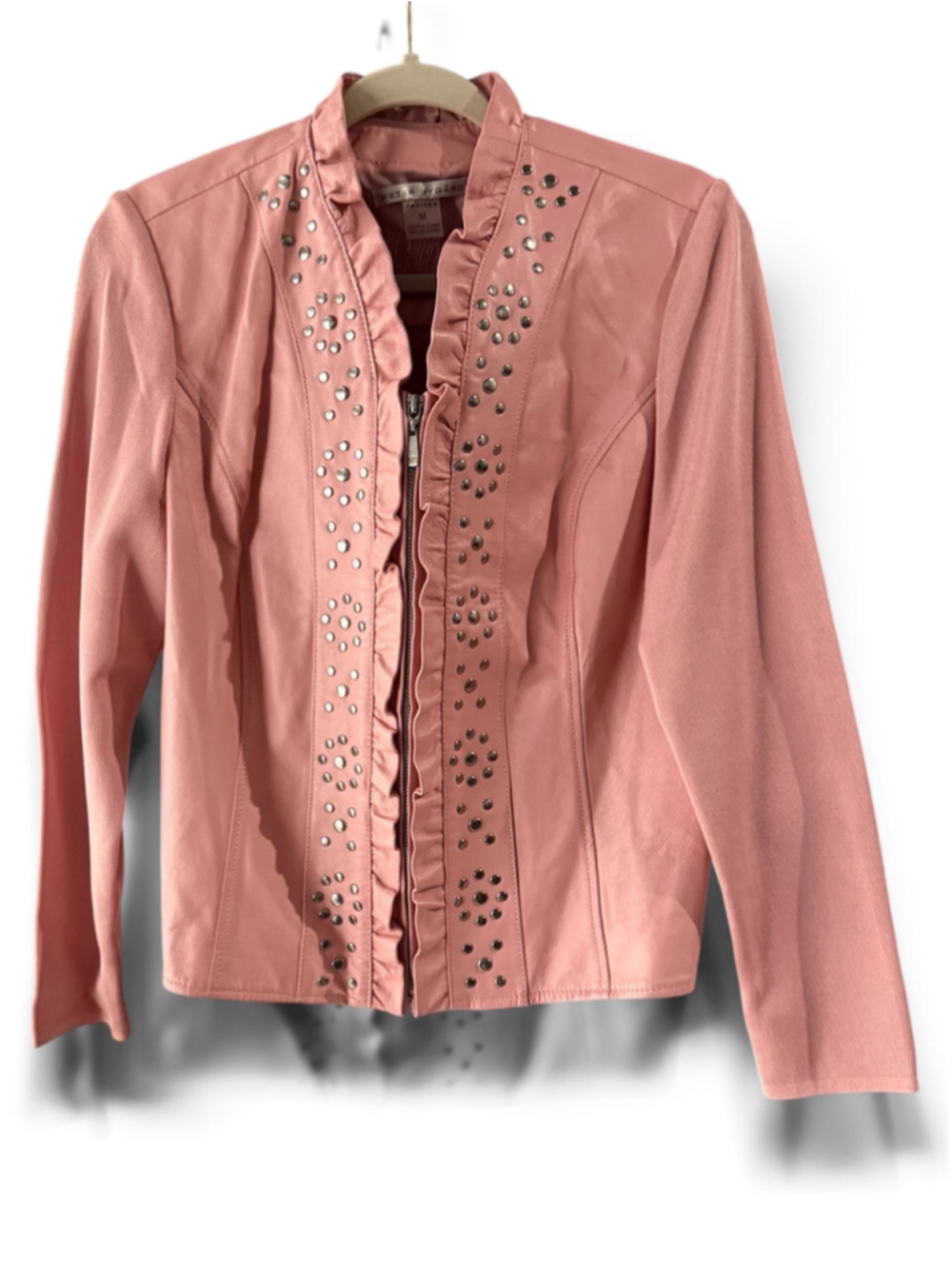 Women's Peter Nygard Petite MP Leather Jacket in Pink with Silver Studs